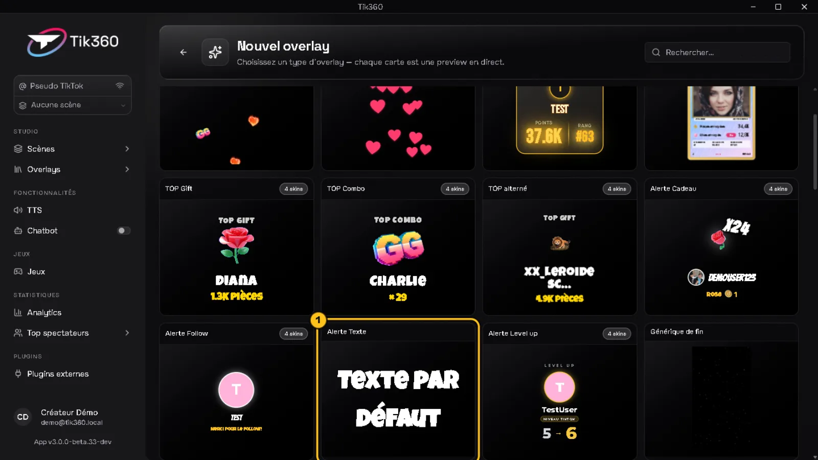 Galerie « Nouvel overlay » : la carte « Alerte Texte » est entourée (1).