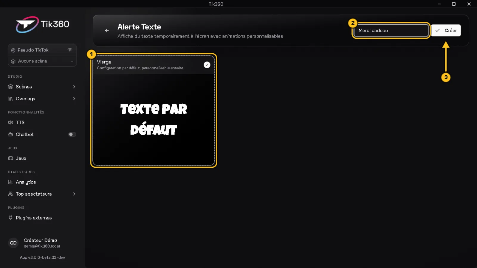 Choix du style de l'Alerte Texte : la carte « Vierge » est entourée (1), le nom « Merci cadeau » est entouré (2), une flèche 3 désigne le bouton « Créer ».