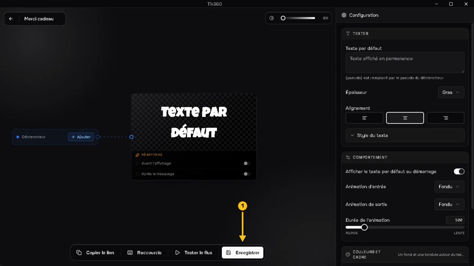 Éditeur de l'overlay Merci cadeau : une flèche 1 désigne le bouton « Enregistrer ».
