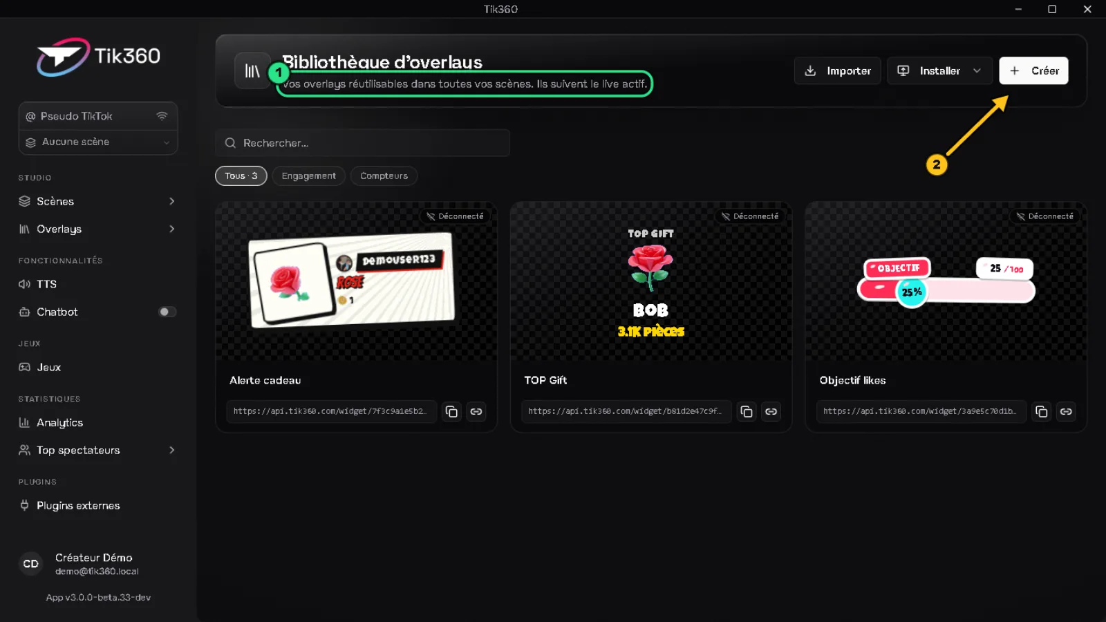 Bibliothèque d'overlays : la phrase « Vos overlays réutilisables dans toutes vos scènes. Ils suivent le live actif. » est entourée en vert (1), une flèche 2 désigne le bouton « Créer ».