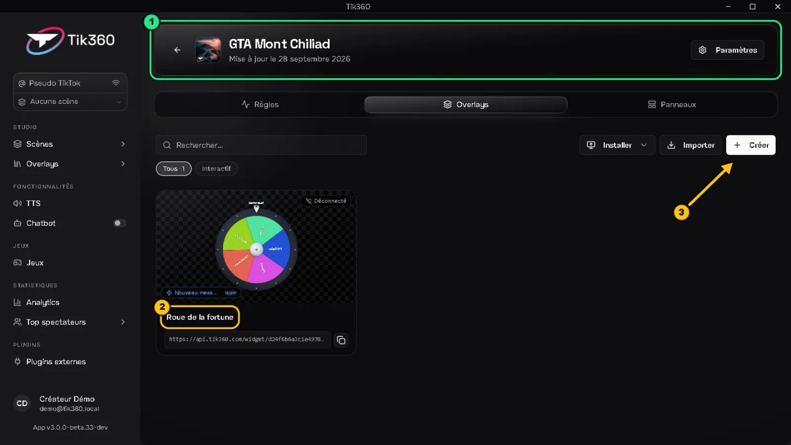 Scène GTA Mont Chiliad, onglet Overlays : l'en-tête de la scène est entouré en vert (1), l'overlay « Roue de la fortune » est entouré (2), une flèche 3 désigne le bouton « Créer ».