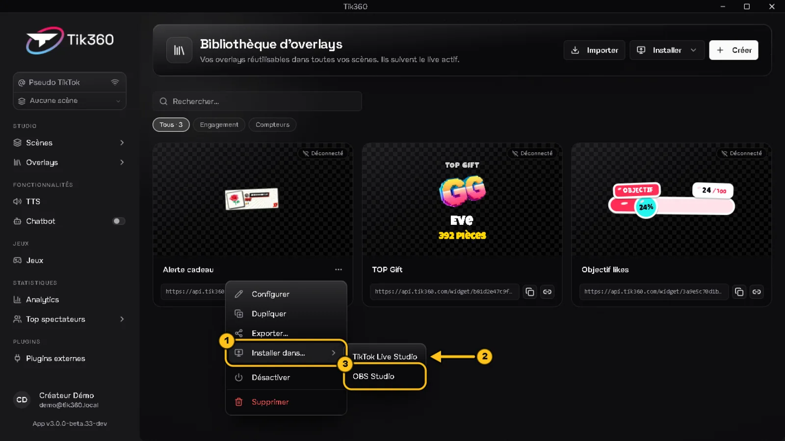 Menu d'une carte d'overlay ouvert : « Installer dans… » est entouré (1), une flèche 2 désigne « TikTok Live Studio », « OBS Studio » est entouré (3).