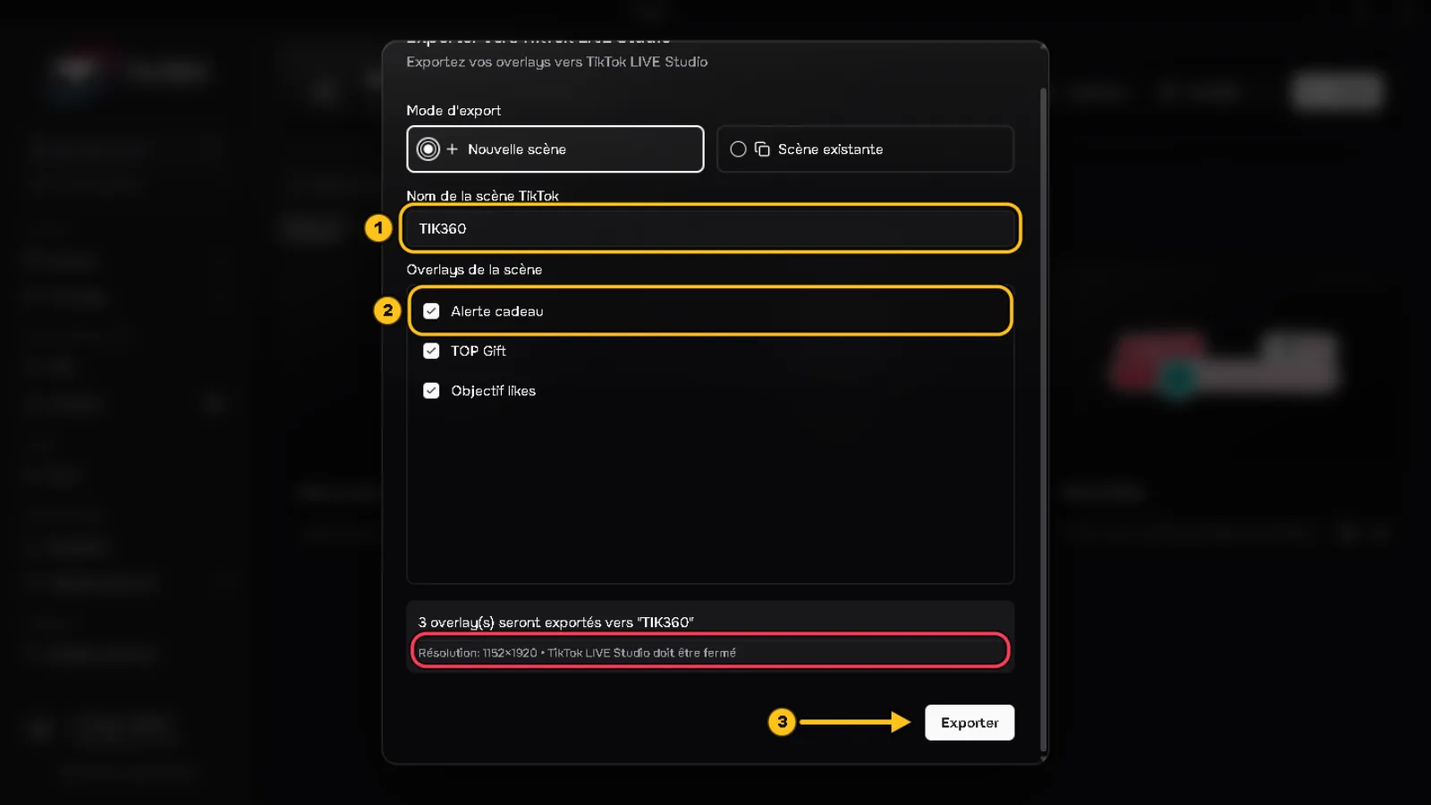 Fenêtre « Exporter vers TikTok LIVE Studio » : le nom de la scène TikTok est entouré (1), un overlay coché est entouré (2), la mention « TikTok LIVE Studio doit être fermé » est entourée en rouge, une flèche 3 désigne le bouton « Exporter ».