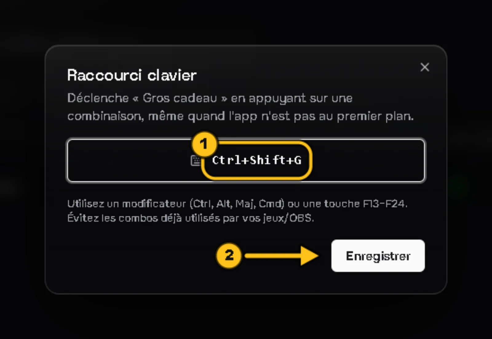 Fenêtre « Raccourci clavier » : la combinaison « Ctrl+Shift+G » est entourée (1), une flèche 2 désigne le bouton « Enregistrer ».