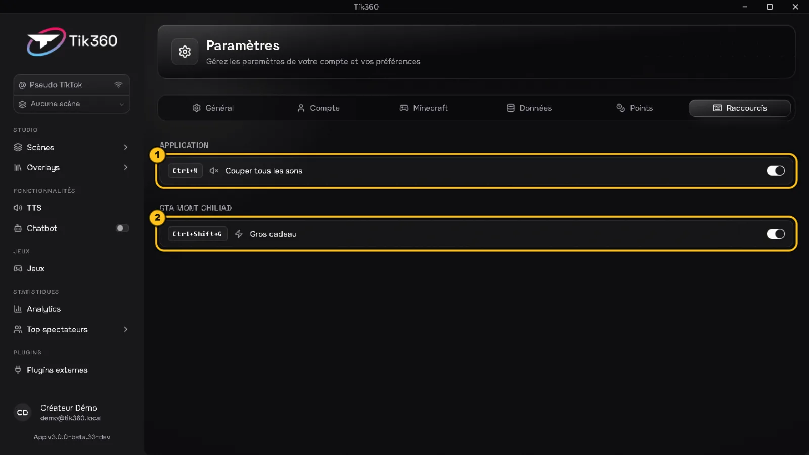 Paramètres, onglet Raccourcis : le raccourci d'application « Couper tous les sons » est entouré (1), le raccourci Ctrl+Shift+G de la règle « Gros cadeau » dans le groupe GTA Mont Chiliad est entouré (2).