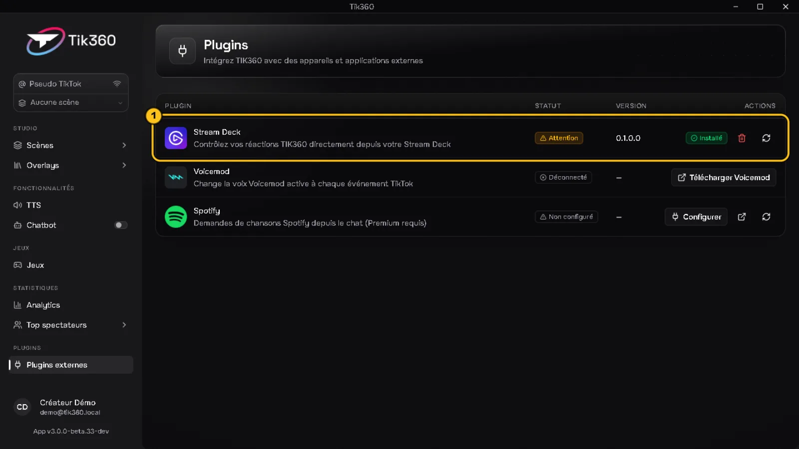 Page Plugins : la ligne Stream Deck avec son statut et ses boutons est entourée (1).
