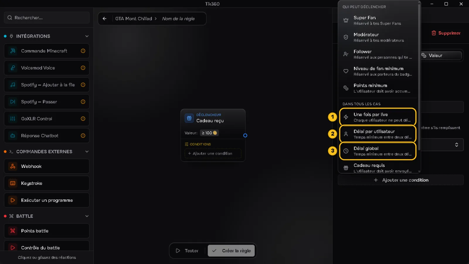 Menu « Ajouter une condition » ouvert : « Une fois par live » (1), « Délai par utilisateur » (2) et « Délai global » (3) sont entourés.