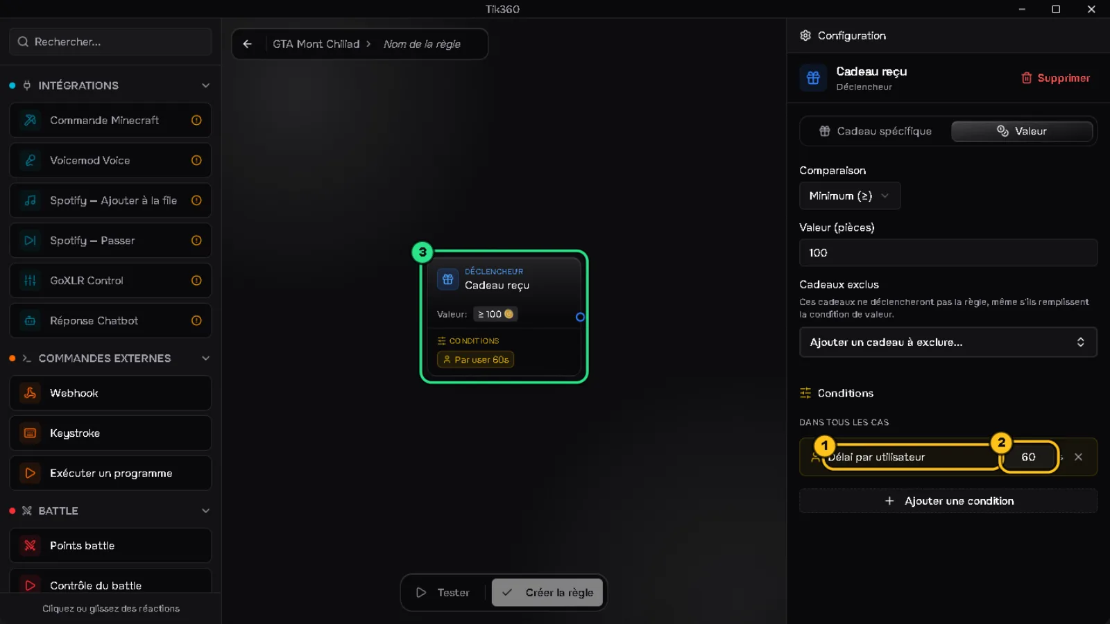 La condition « Délai par utilisateur » ajoutée est entourée (1), sa durée de 60 secondes est entourée (2), le bloc déclencheur qui affiche « Par user 60s » est entouré en vert (3).