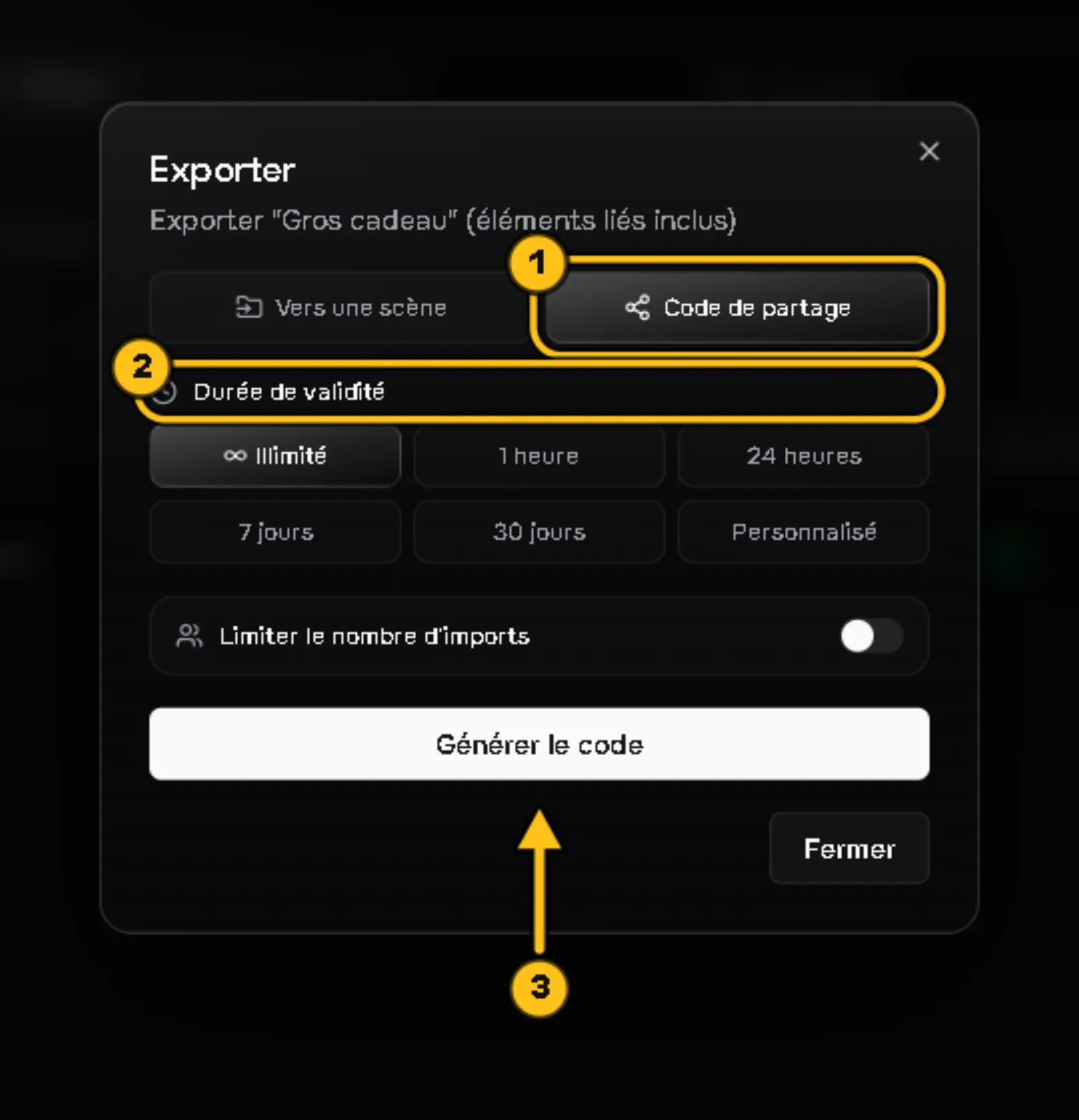 Fenêtre « Exporter » en mode « Code de partage » (1) : la durée de validité est entourée (2), une flèche 3 désigne le bouton « Générer le code ».