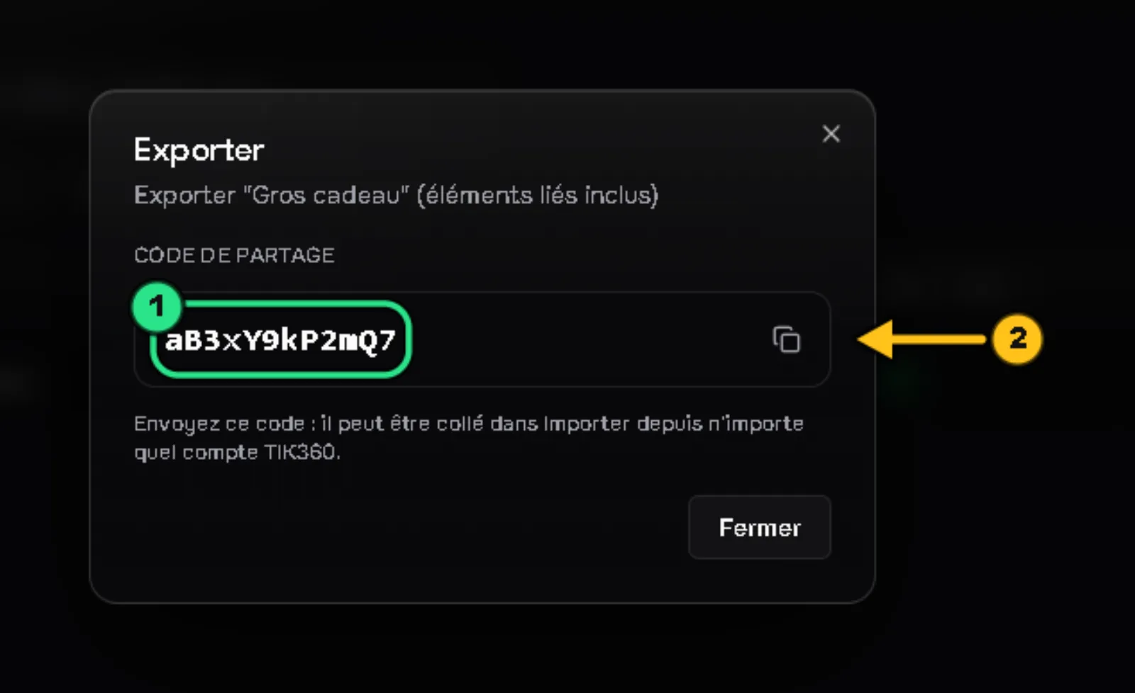 Le code de partage de 12 caractères est entouré en vert (1), une flèche 2 désigne le bouton pour le copier.