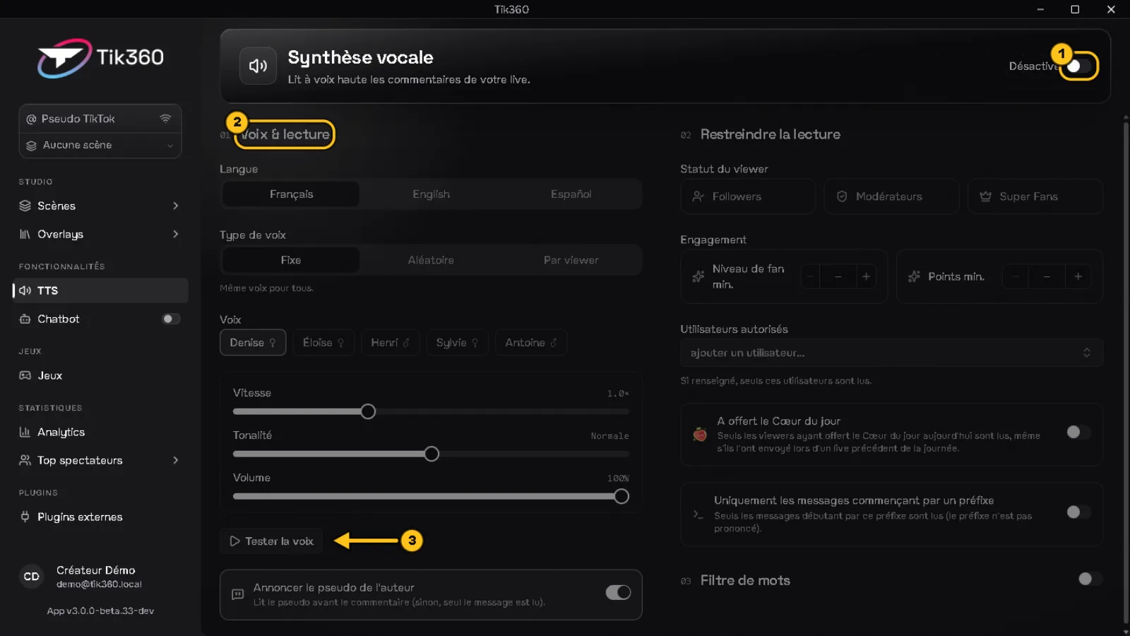 Page Synthèse vocale : l'interrupteur d'activation est entouré (1), la section « Voix & lecture » est entourée (2), une flèche 3 désigne le bouton « Tester la voix ».
