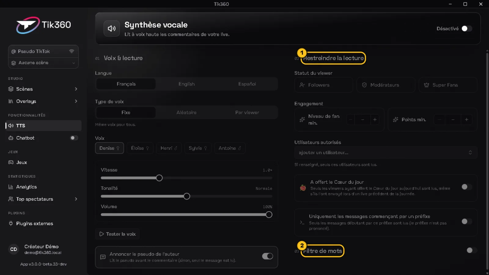 Page Synthèse vocale : la section « Restreindre la lecture » est entourée (1), la section « Filtre de mots » est entourée (2).