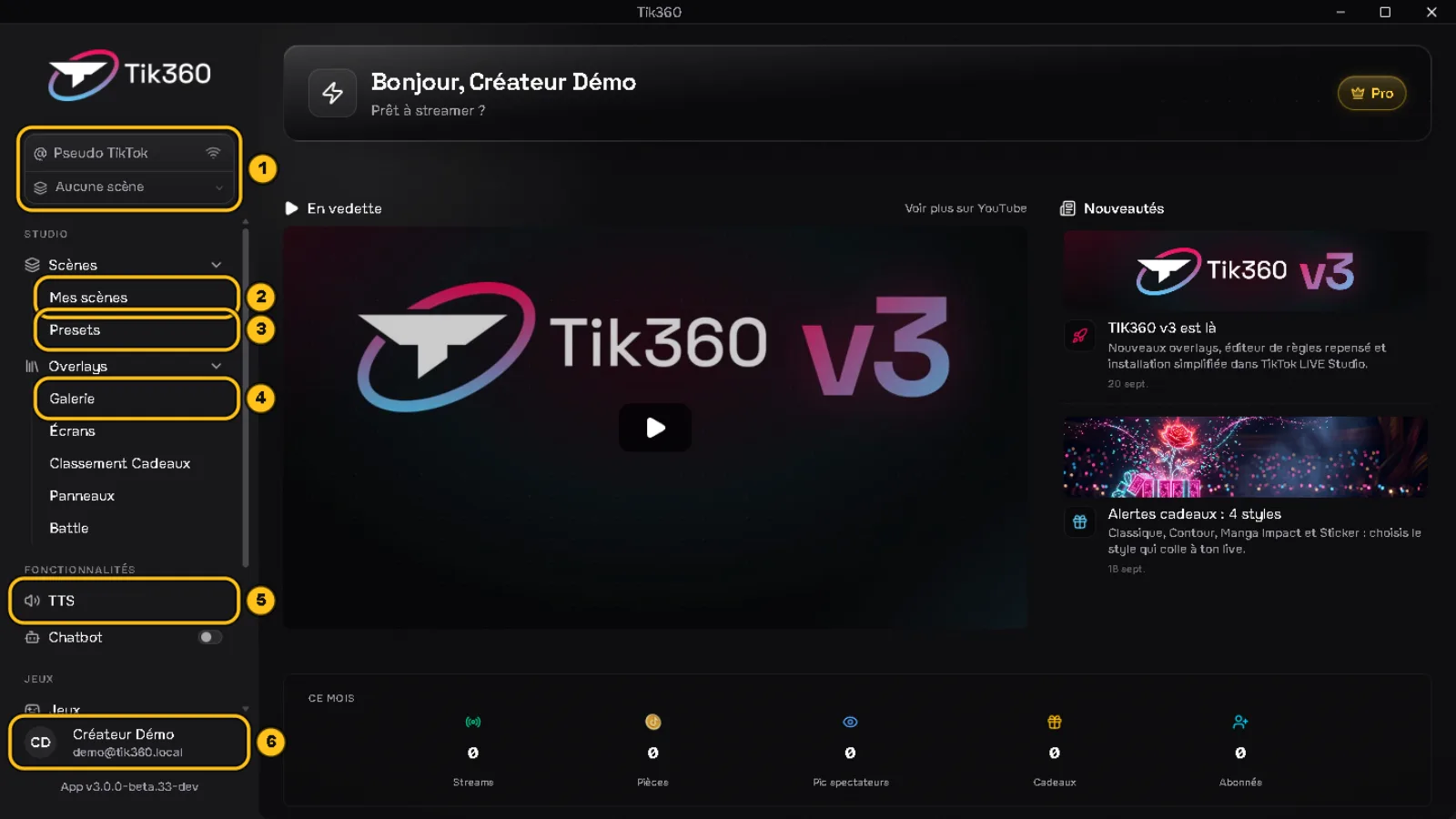 Accueil de TIK360 avec six zones numérotées dans la barre latérale : 1 le contrôle Live, 2 Mes scènes, 3 Presets, 4 Galerie, 5 TTS, 6 le profil en bas.