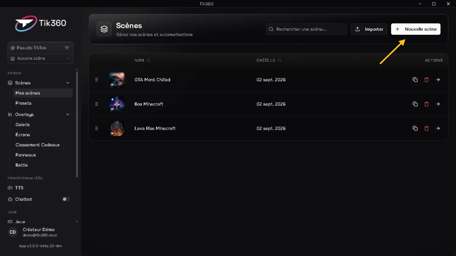 Page Scènes avec la liste des scènes ; une flèche désigne le bouton « Nouvelle scène » en haut à droite.