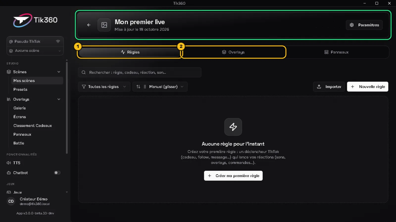 Scène « Mon premier live » ouverte : l'en-tête est entouré en vert, les onglets Règles (1) et Overlays (2) sont entourés.