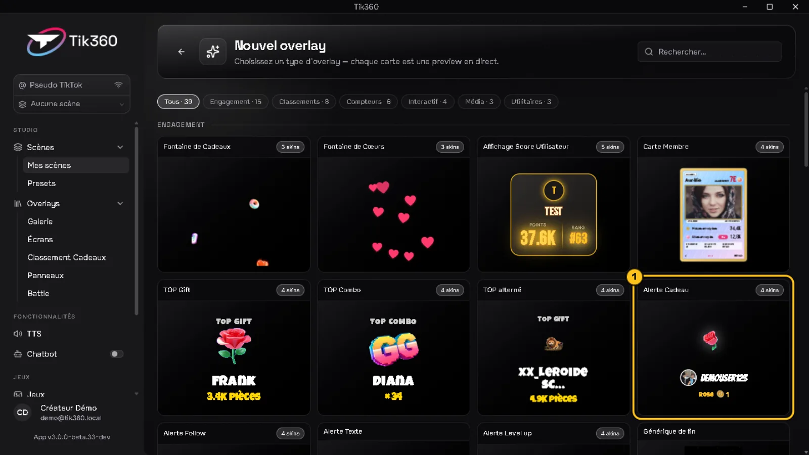 Galerie « Nouvel overlay » : la carte « Alerte Cadeau » est entourée (1).