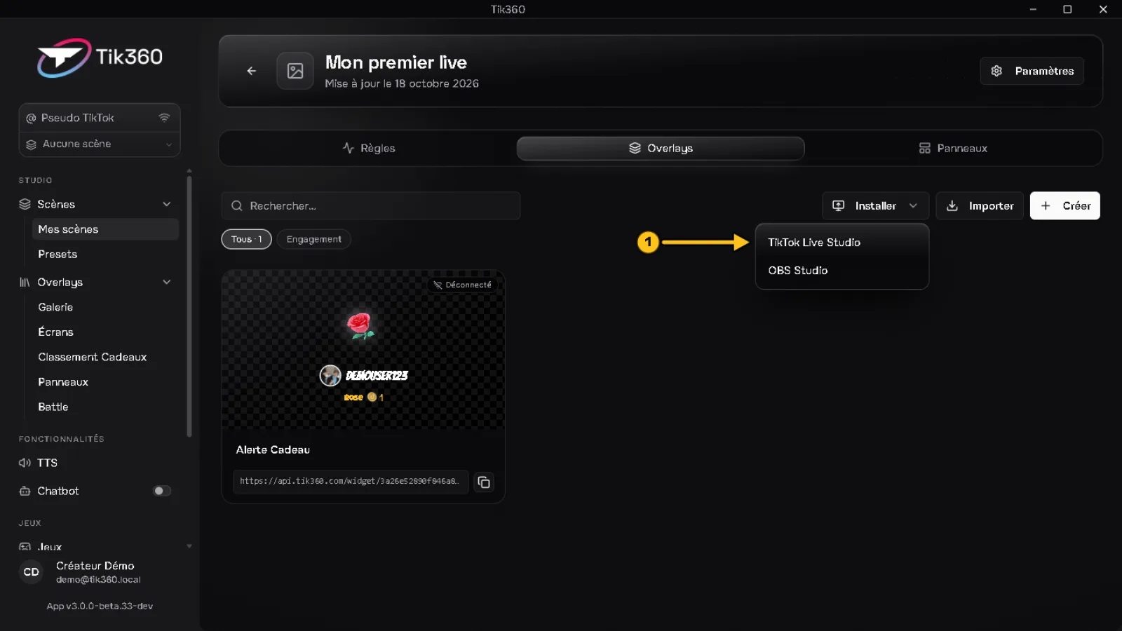 Onglet Overlays : le menu « Installer » est ouvert, une flèche 1 désigne « TikTok Live Studio ».
