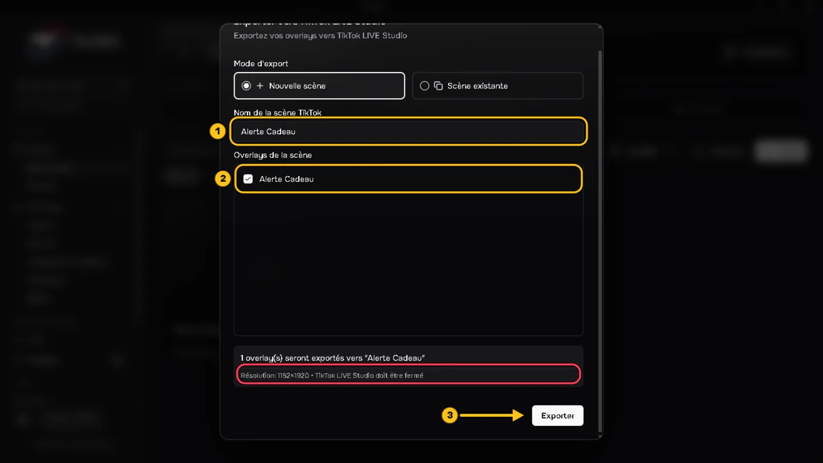 Fenêtre « Exporter vers TikTok LIVE Studio » : le nom de la scène TikTok est entouré (1), l'overlay coché est entouré (2), la mention « TikTok LIVE Studio doit être fermé » est entourée en rouge, une flèche 3 désigne le bouton « Exporter ».