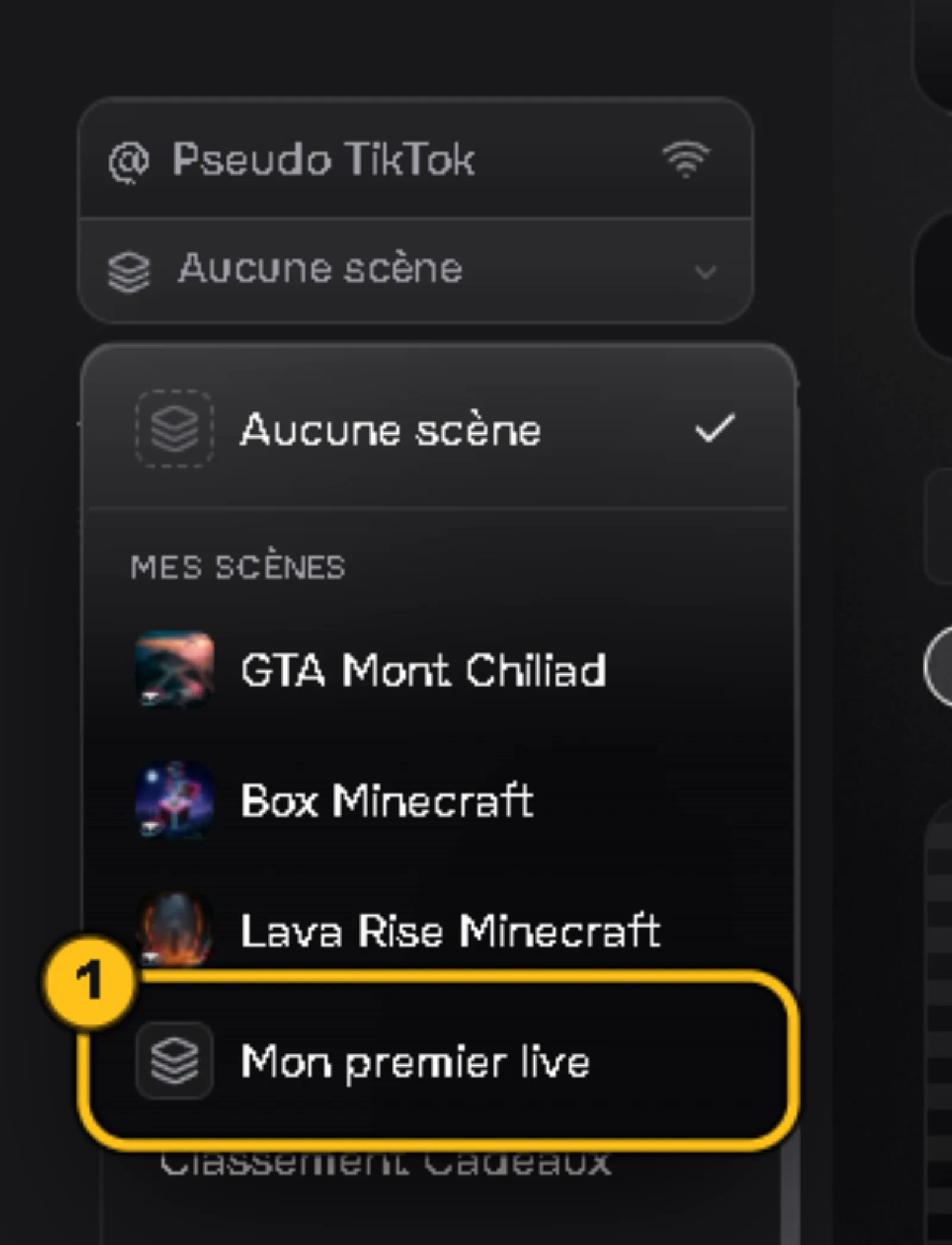 Contrôle Live avec la liste des scènes ouverte : « Mon premier live » est entourée (1).