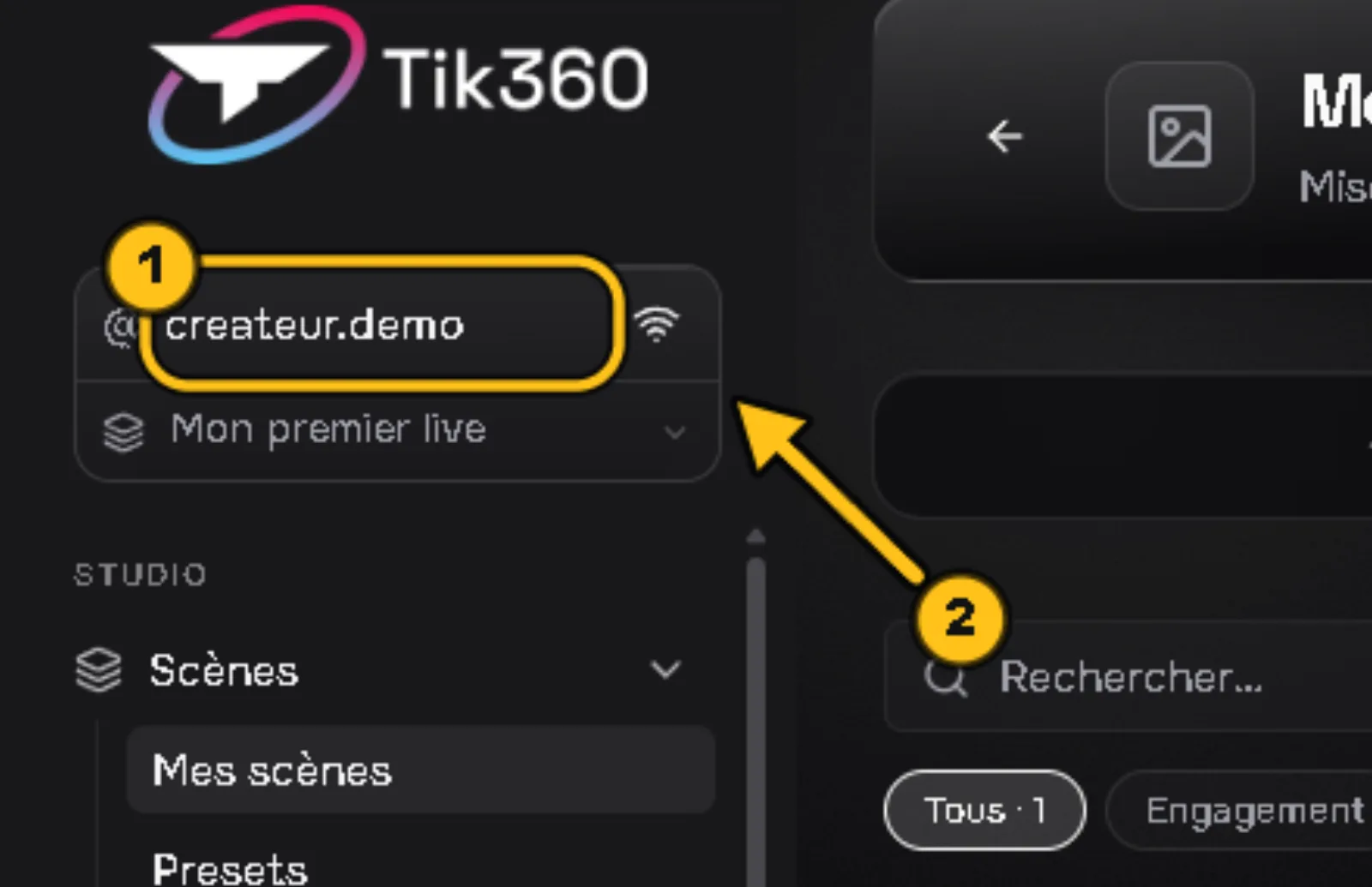 Contrôle Live : le champ du pseudo TikTok est entouré (1), une flèche 2 désigne l'icône de connexion.
