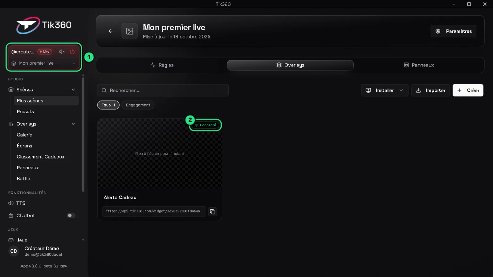Le contrôle Live affiche la pastille rouge « Live » (1, entouré en vert) et la carte de l'overlay affiche « Connecté » (2, entouré en vert).