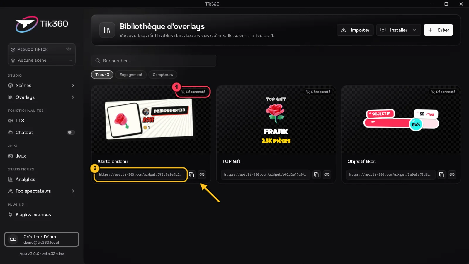 Bibliothèque d'overlays : le badge « Déconnecté » d'une carte est entouré en rouge (1), l'adresse de l'overlay est entourée (2), une flèche désigne le bouton pour copier l'adresse.