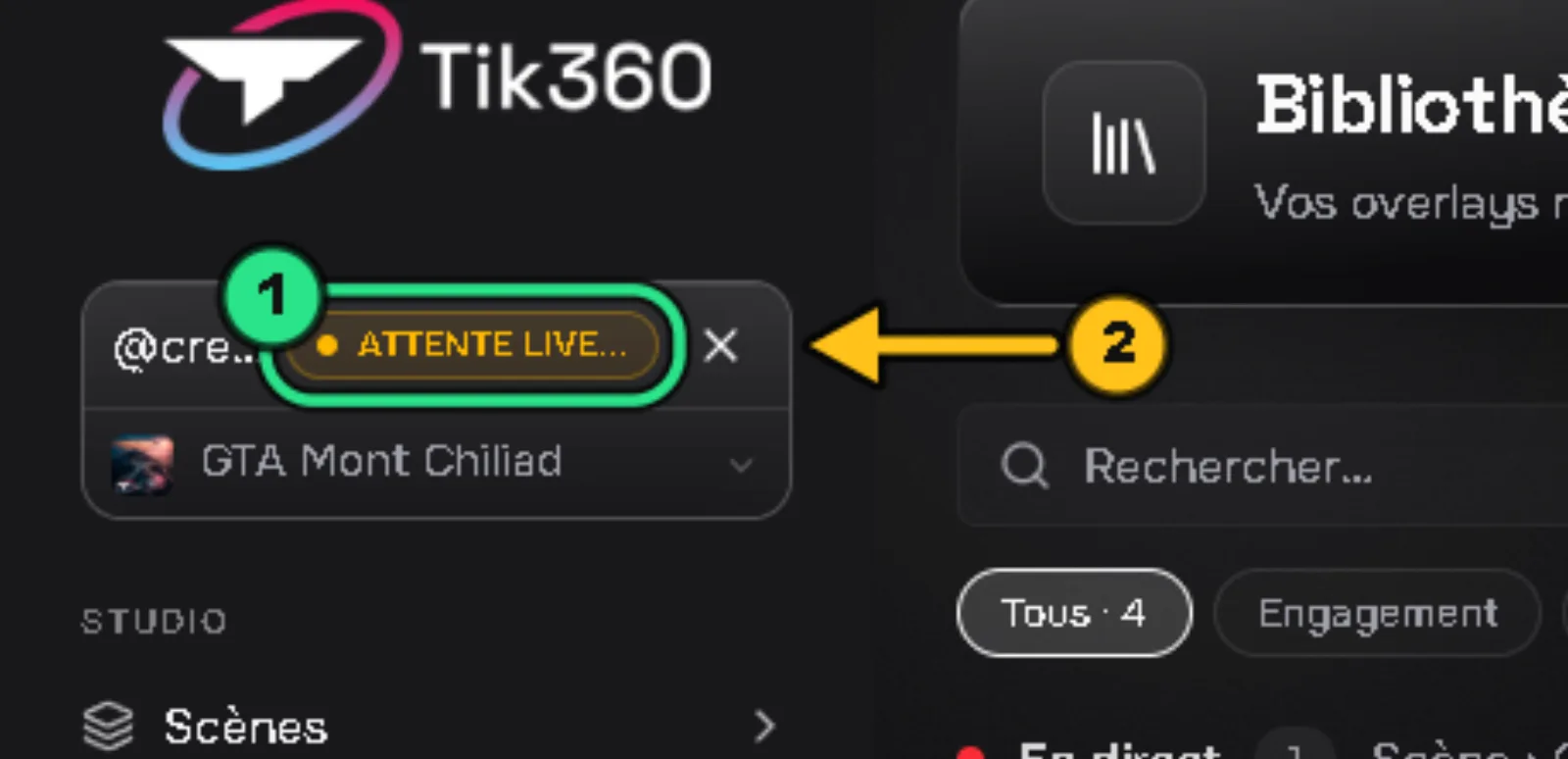 Contrôle Live : le badge orange « ATTENTE LIVE… » est entouré en vert (1), une flèche 2 désigne la croix qui annule l'attente.