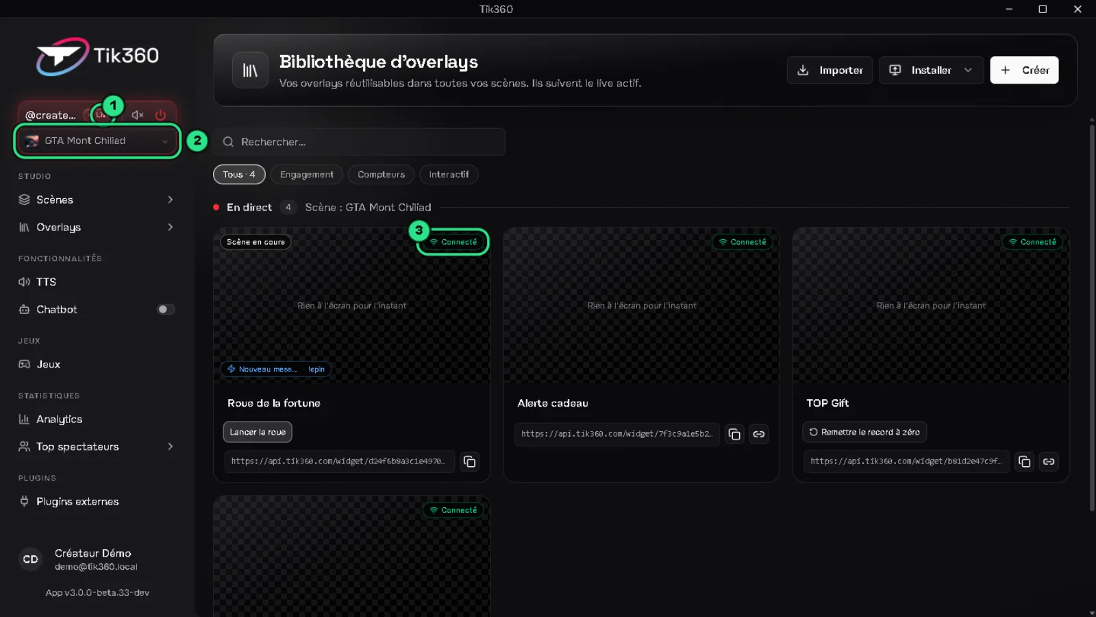 Contrôle Live connecté : la pastille rouge « Live » est entourée en vert (1), la scène « GTA Mont Chiliad » est entourée en vert (2), et une carte d'overlay affiche « Connecté » (3).