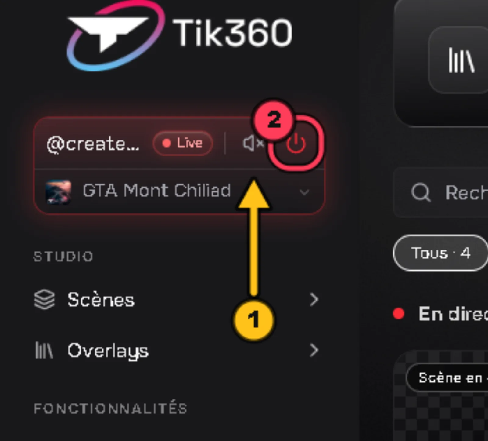 Contrôle Live connecté : une flèche 1 désigne le bouton « Couper les sons », le bouton « Arrêter » est entouré en rouge (2).