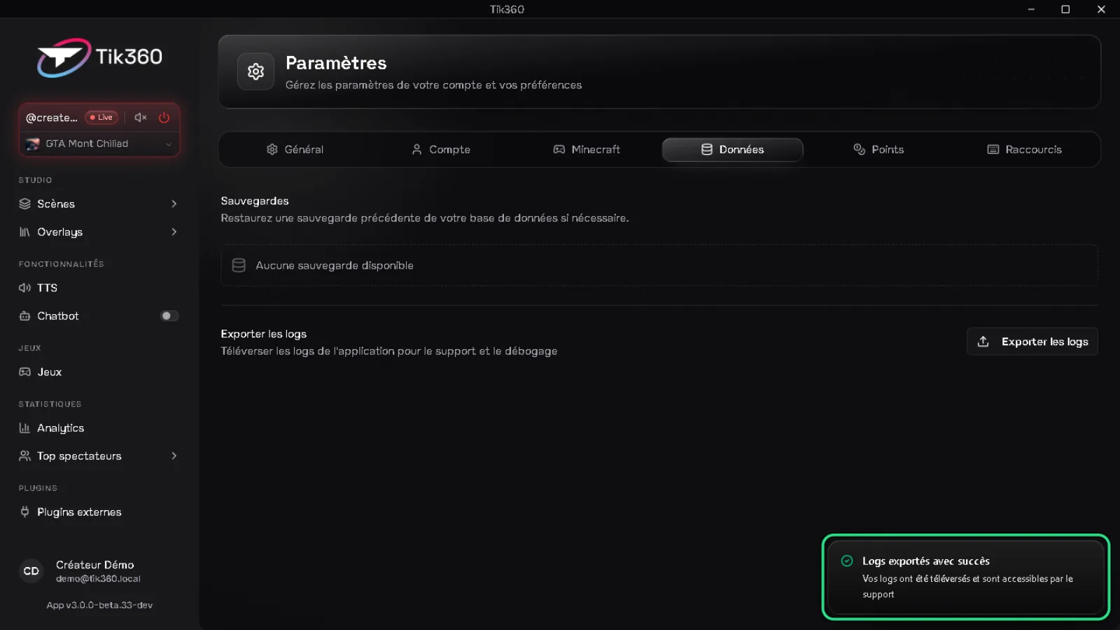 Notification de confirmation « Logs exportés avec succès » entourée en vert.
